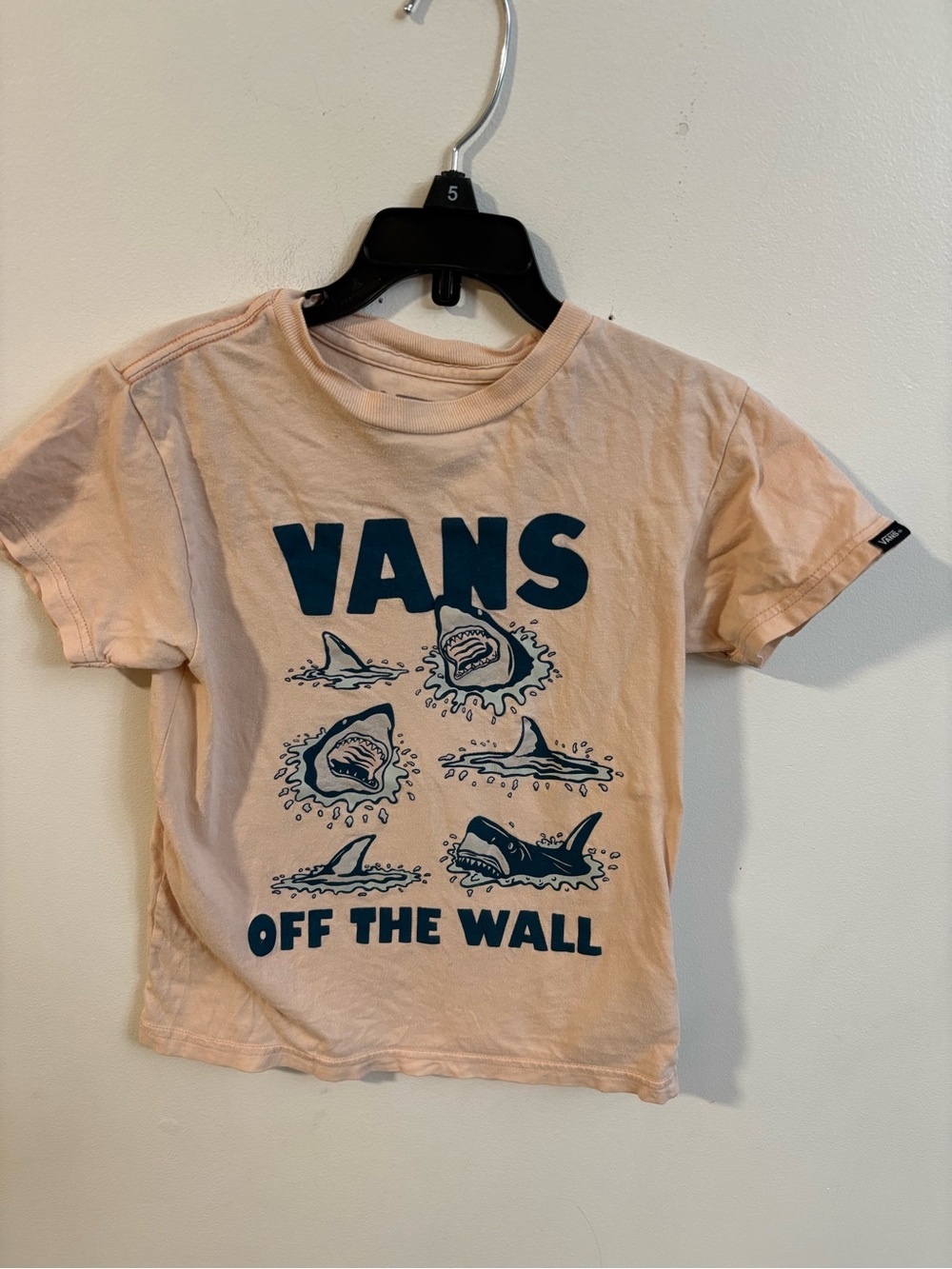 Vans Kids Peach Tee with Navy Shark Graphic “Vans off the wall” 5 years